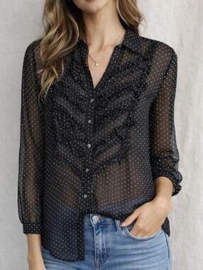 Free People Sheer Polka Dots Long Sleeve Button Up Shirt Top Blouse Black Size S